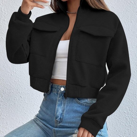 . Tops - Black Casual Womens Zip Up Flap Pocket Sweatshirt